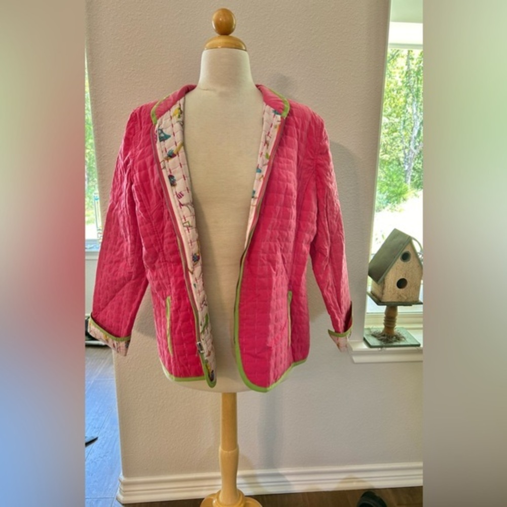 Harve Benard Pink vintage 1980’s Quilted Jacket with Green Trim XL